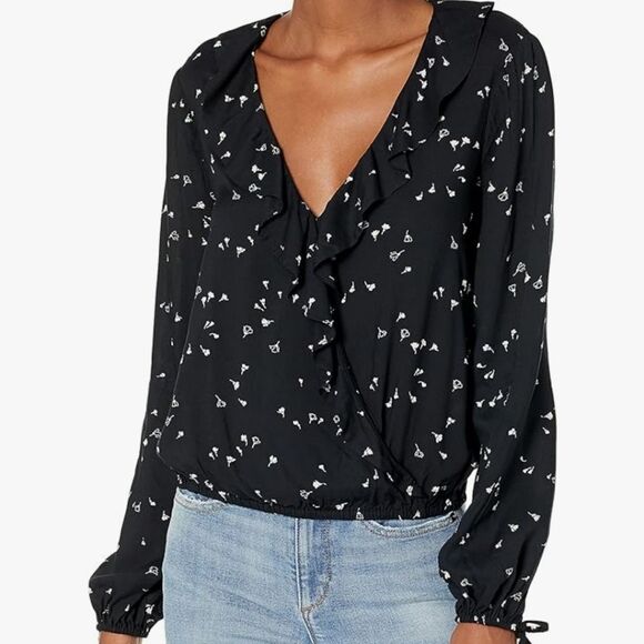 PAIGE Abelie Surplice Wrap Top XS Long Sleeve Black White Floral Rayon Ruffled - Picture 15 of 16